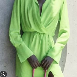 Zara Green Neon Short Dress With Shoulder Pads Large
